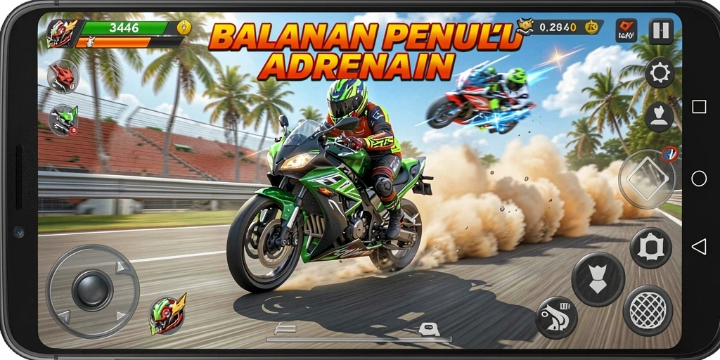 Screenshot dari gameplay seru dalam 3446 dengan balapan motor yang cepat.