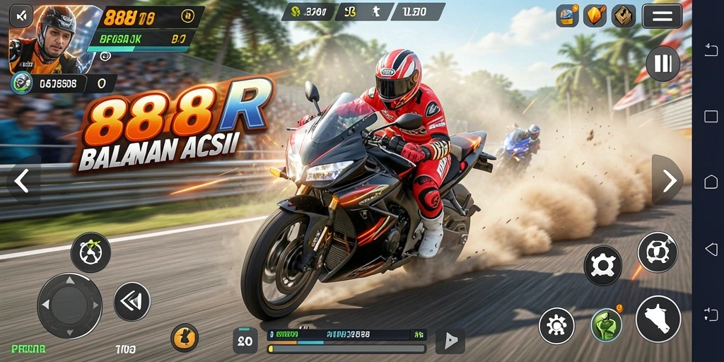 Tangkapan layar 888R menampilkan balapan motor yang mendebarkan.