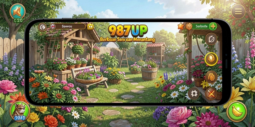 Screenshot gameplay 987UP menampilkan kebun yang indah dan tanaman yang subur.