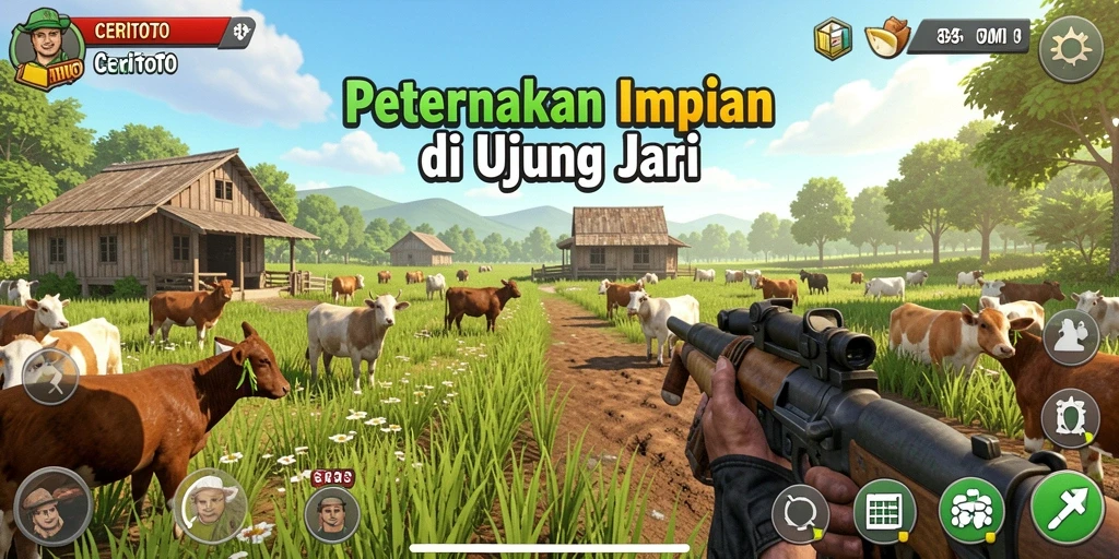 Tampilan antarmuka CERITOTO dengan berbagai tanaman dan hewan lucu.