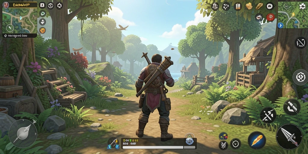 Screenshot gameplay DANAVIP menampilkan eksplorasi dunia terbuka yang indah.