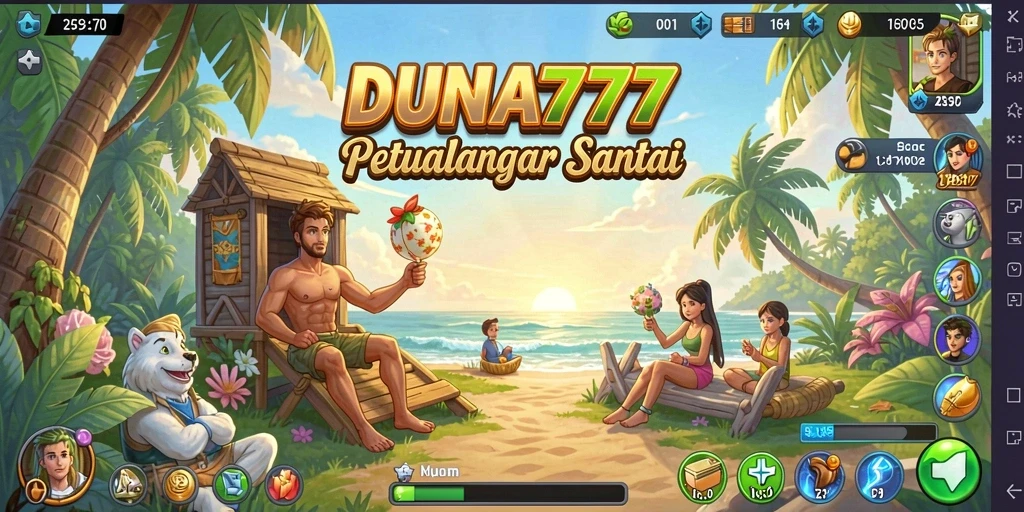 Screenshot gameplay DUNIA777 menampilkan dunia yang ceria dan penuh warna.