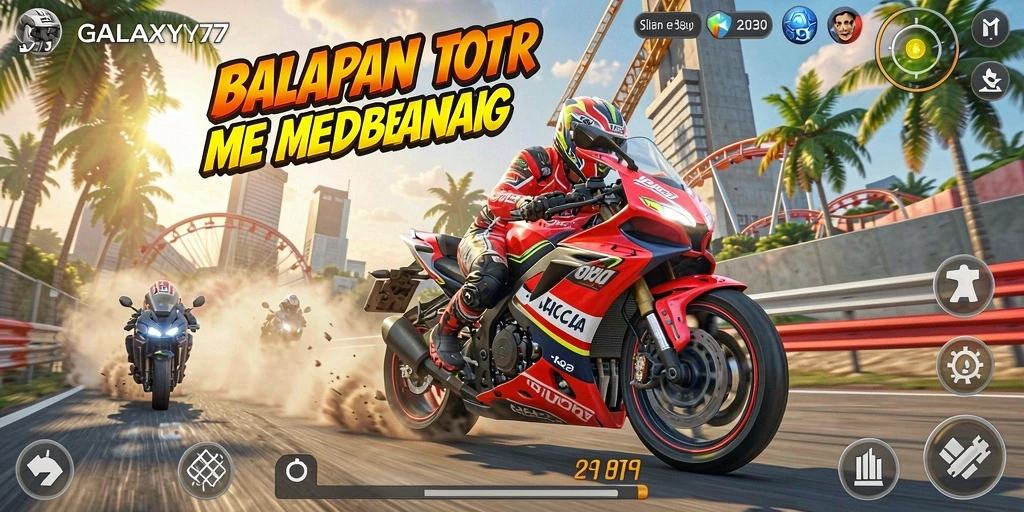 Screenshot gameplay GALAXY77 menunjukkan adrenalin balapan motor yang seru.