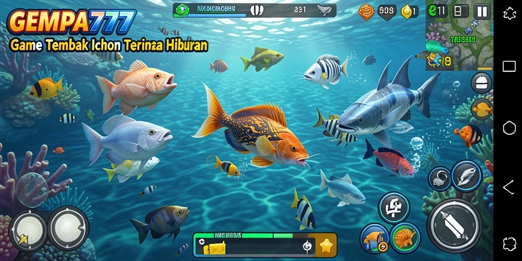 Tampilan gameplay seru dengan aksi menembak ikan yang mendebarkan.
