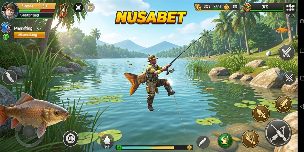 Tampilan gameplay NUSABET dengan aksi memancing yang seru.
