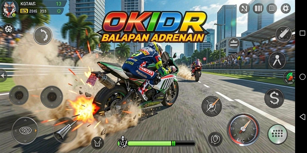 Tampilan dari game OKIDR dengan aksi balapan motor.