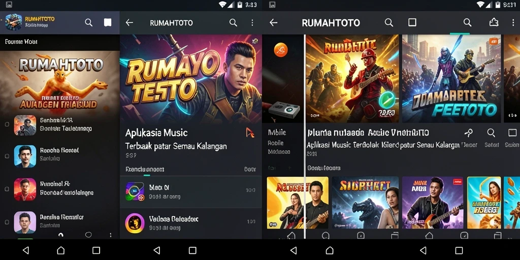 Screenshot utama RUMAHTOTO menampilkan antarmuka aplikasi musik yang menarik.