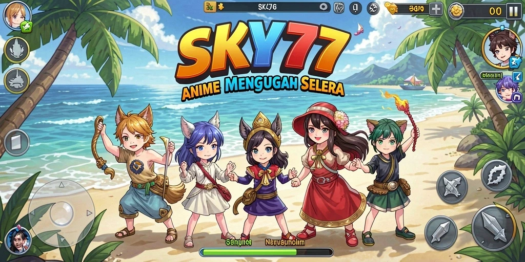 Tampilan gameplay SKY77 menampilkan karakter anime yang dinamis dan lingkungan yang penuh warna.