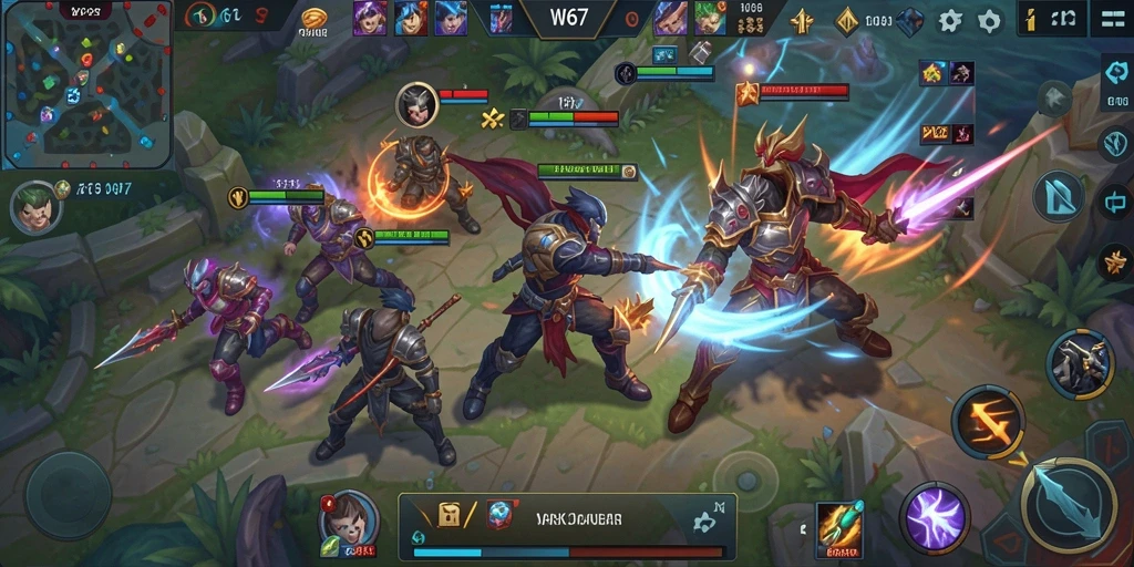 Tampilan seru gameplay W67 dalam pertempuran MOBA.
